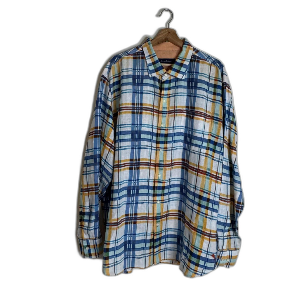 Tommy Bahama Shirt Mens XXL Blue Yellow Plaid Linen Cotton Button Front‎ Casual
